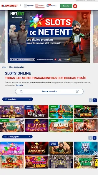 Vista de la sección de slots online de JOKERBET con juegos destacados como Aladdin y Bloodsuckers