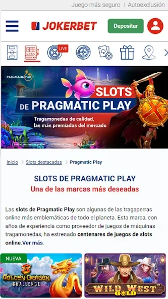 Pantalla móvil de JOKERBET con tragamonedas de Pragmatic Play como Wild West Gold y Golden Dragon Challenge